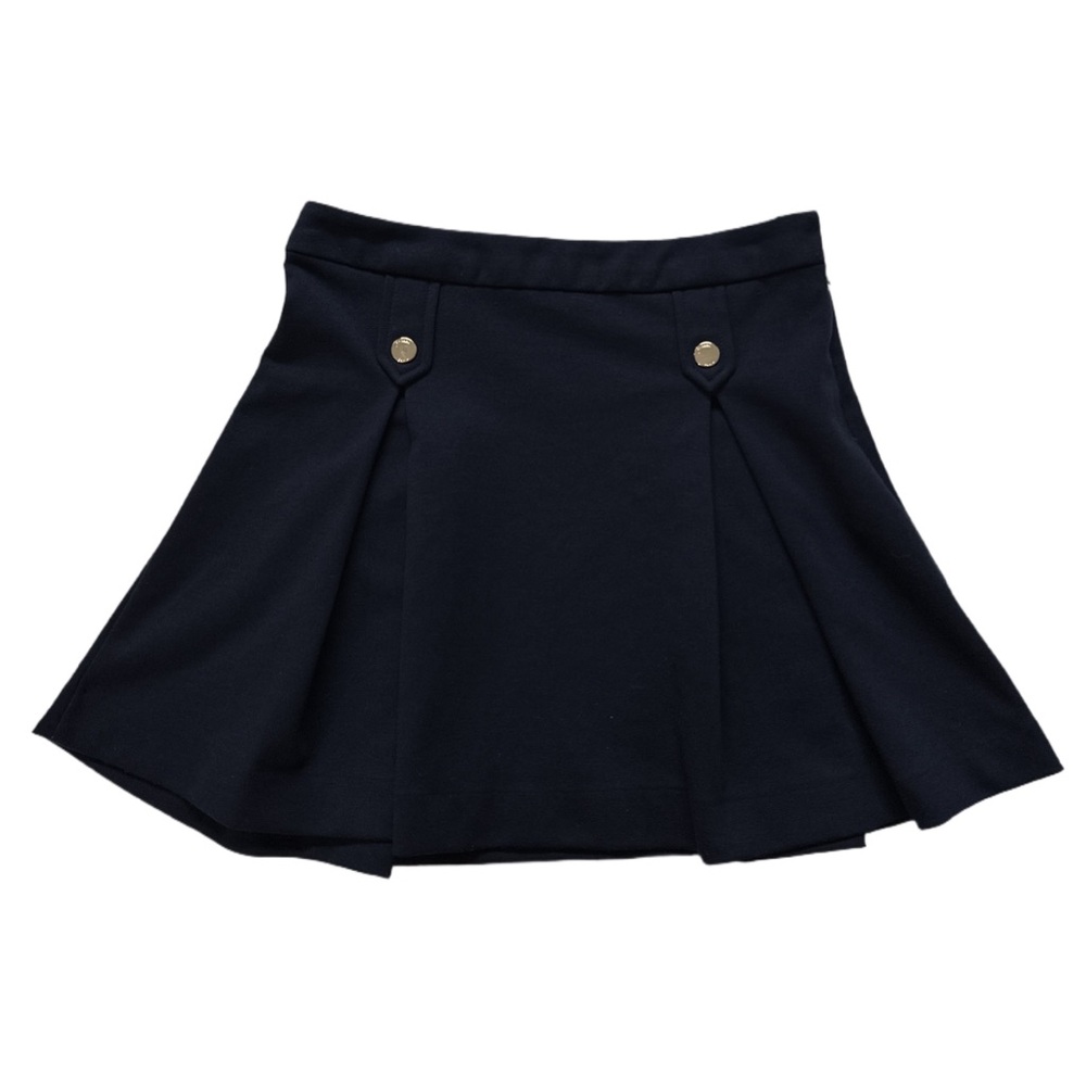 JACARDI PARIS girl's navy pleated skirt with gold hardware, age 10.
